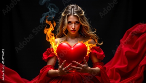 a woman in a dramatic pose with a fiery background, seemingly set ablaze by her own hands