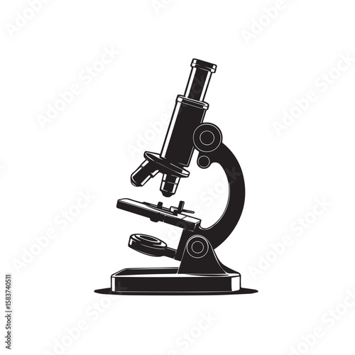 A black silhouette of a vintage microscope, a scientific instrument used for viewing small objects, isolated on a white background