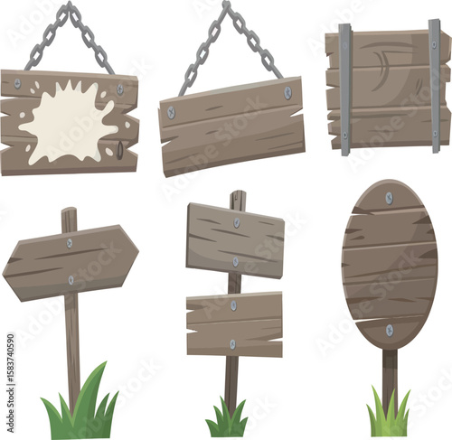 Collection of cartoon wooden signs offering a rustic and vintage aesthetic, ideal for game design or any playful graphic project.