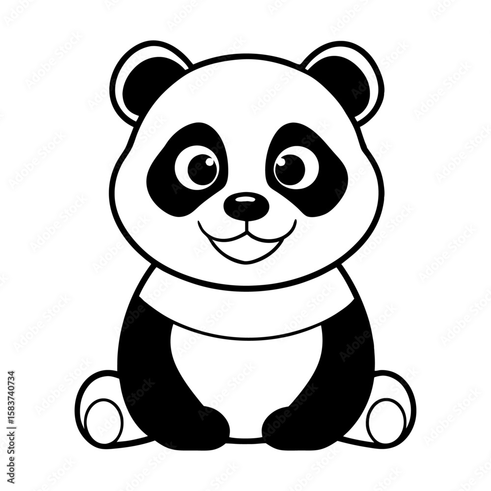 Fototapeta premium Charming Sitting Panda Bear with Classic Black and White Markings Outline