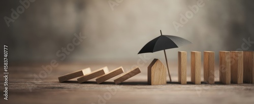 The wooden structure under an umbrella representing safety and stability in life.