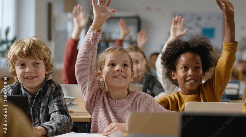 Fototapeta premium Happy diligent smiling multiethnic diverse schoolchildren having lesson at elementary stem class sitting at desks using gadgets. Schoolkids raising hands answering to questions at workplace., no logo