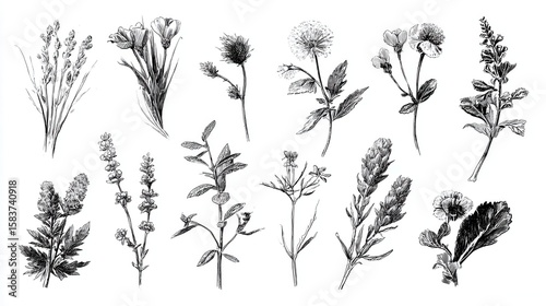Wild flower. Natural herb and weeds sketch collection. Wild medicinal flower hand drawn botanical set isolated on white background. Vintage summer field or meadow flowering plant illustration, no log