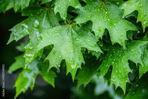 Fresh raindrops glisten on vibrant green maple leaves after a spring shower in a lush garden