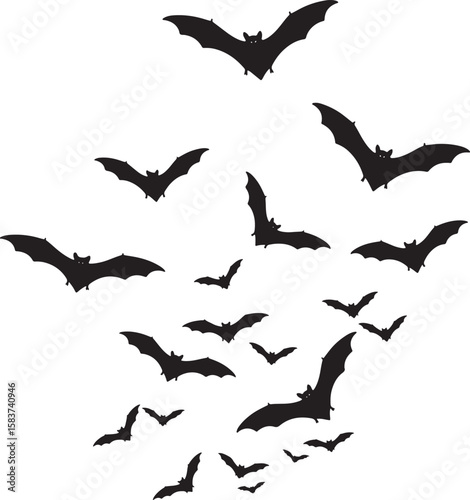 Flying bats flock in sky silhouette