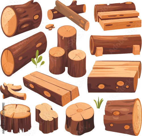 Collection of cartoonish wooden logs and timber, suitable for graphic projects needing a rustic or outdoorsy design element