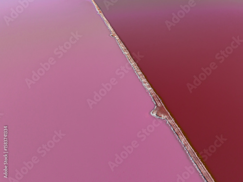Aerial view of a vibrant, contrasting pink and maroon expanse, divided by a thin strip of land, Western Australia, Western Australia, Australia.