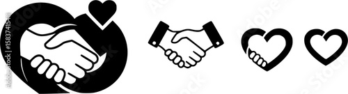 Abstract set with red and black handshakes heart vector icons. Sign friendship or partnership icons. Peace and love symbol. Sign agreement.
