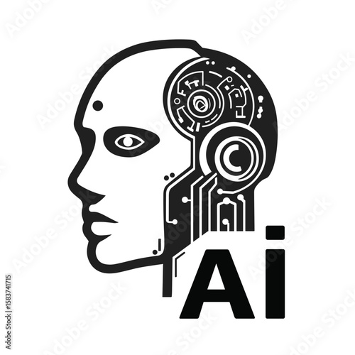 Robot Head With Text AI. Vector Logo, Icon