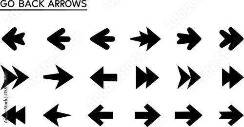 Set of go back arrows vector icons. Left direction. Return, previous, backward arrow. Pointer back. Vector 10 EPS.
