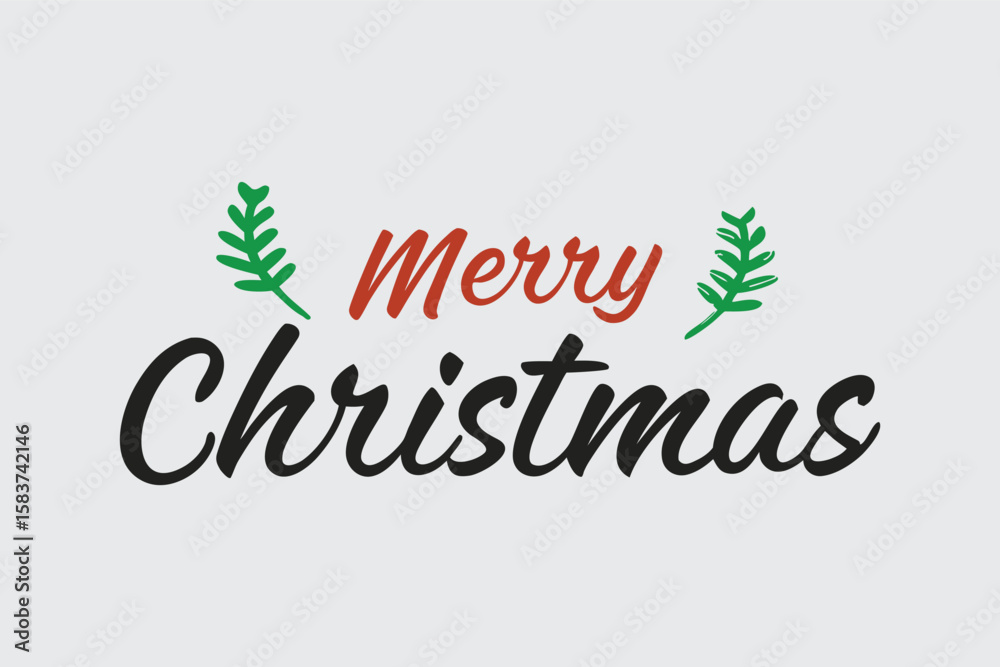 Fototapeta premium Merry Christmas Handwritten Text with Green Leaves, Festive Holiday Greeting