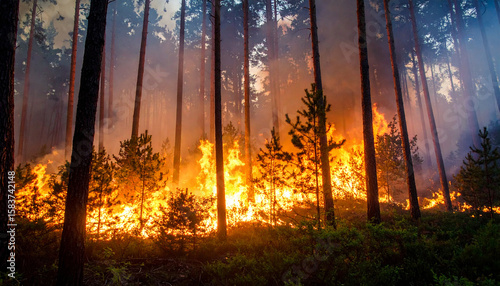 grandes llamas, fuego y humo en un incendio en un bosque en verano dia mundial de la prevención de incendios forestales
