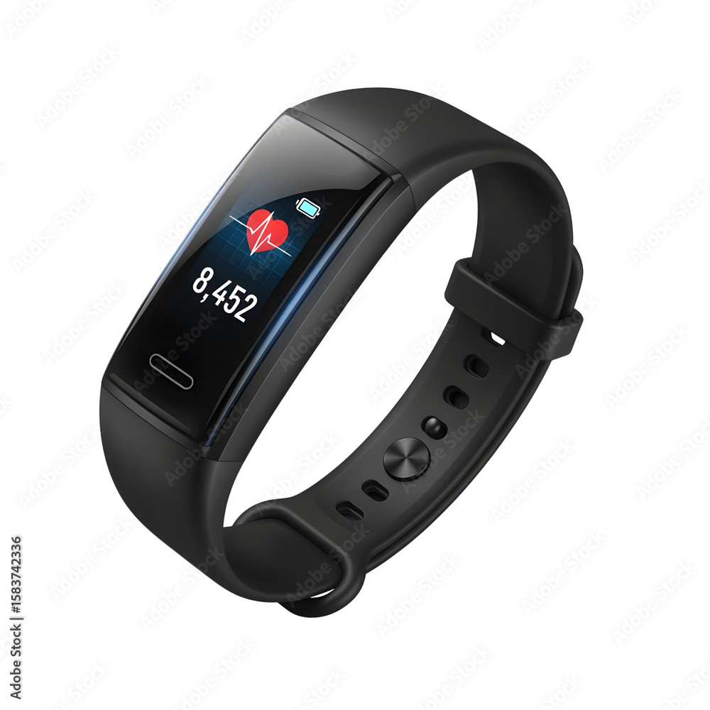 Black fitness tracker displaying heart rate and step count isolated on transparent background Black fitness tracker displaying heart rate and step count isolated on transparent background