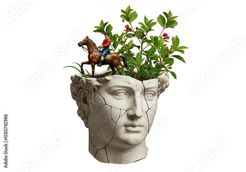 Isolated Unique Planter Featuring Classical Bust with Horse Rider and Foliage