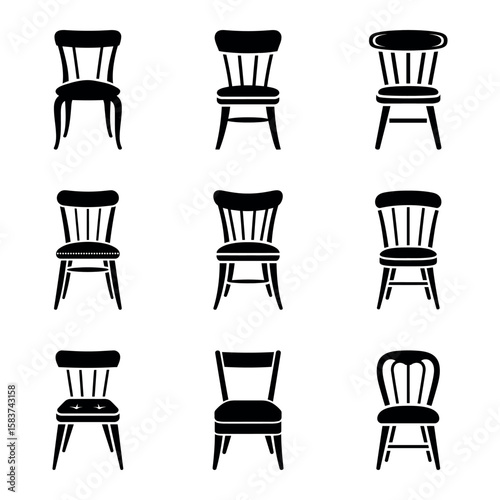 Collection of nine distinct black and white chair icons