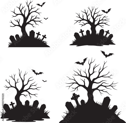 Graveyard with tree and bat halloween silhouette