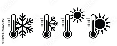 Representing hot and cold temperatures with thermometers and sun and snowflake icons in a simple black and white drawing.