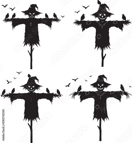 Scarecrow with crows halloween field silhouette