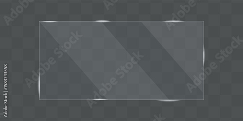 Flat glass plate banners. Realistic windows mockup. Set of mirror on transparent background. Light effect for a picture or a mirror. Clear glass showcase. 3d panel texture or clear window.