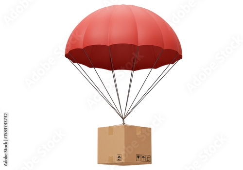 Isolated Cardboard Box Descending with Red Parachute