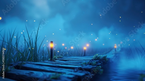 Enchanting nighttime pier scene with glowing lights and mystical fog serene water landscape dreamy atmosphere