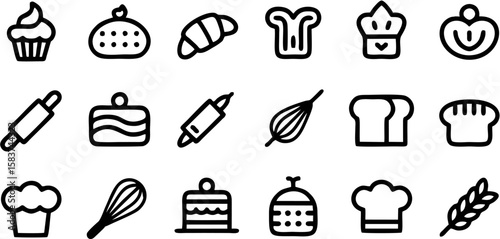 Delicious Bakery Items Vector Icon Set with bread, cake, croissant, donut, rolling pin, whisk, oven, and cupcake—perfect for cafes, menus, packaging, and recipes.

