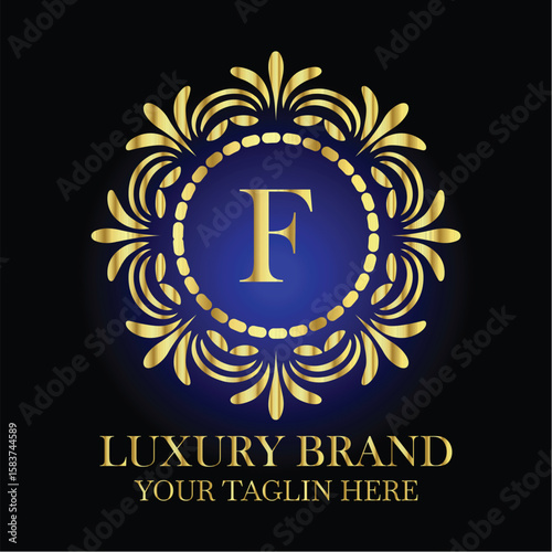 Elegant luxury brand logo with golden ornamental frame and letter F on royal blue background design

