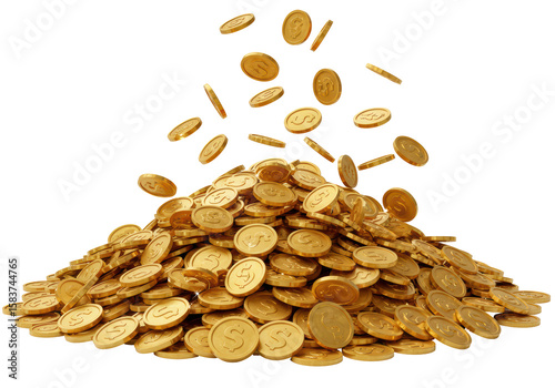 Isolated Pile of Golden Coins with Falling Coins