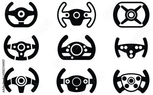 Steering wheel icon set. Automobile steer wheel vector symbol for trucks and cars.Steering logo. Hands on steering wheel. Driver. Driving car. Test drive. Vector icon isolated on white background.