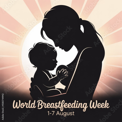 World Breastfeeding Day. World breastfeeding week. 1-7 August. Black silhouette of a child sucking chest breast feeding.  Vector illustration on isolated background.

