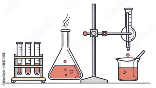 Science lab equipment illustration with test tubes beaker flask and titration setup for chemistry research