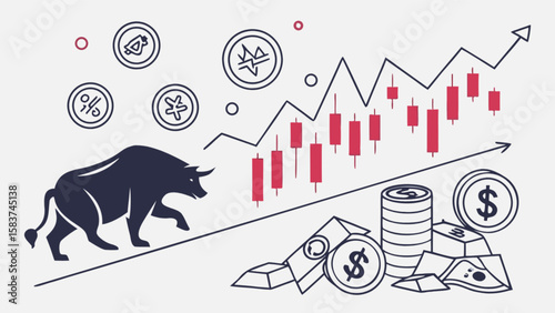 Bull market stock financial investment chart crypto currency gold and money growth vector illustration