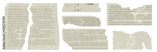 Torn paper collage with scrap and scrapbook elements for magazine. Rip newspaper note with grunge texture.