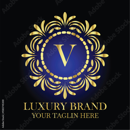 Elegant luxury brand logo with golden ornamental frame and letter V on royal blue background design

