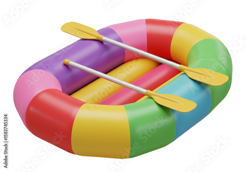 Isolated Colorful Inflatable Raft with Paddles