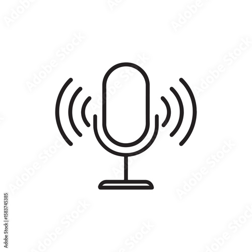 A minimalist, black outline icon of a microphone on a stand, emitting sound waves. This symbol represents audio recording, broadcasting, or voice activation.