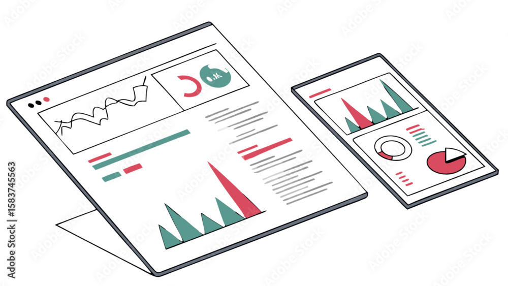 Fototapeta premium Isometric data analysis dashboard on laptop and tablet for business intelligence and reporting needs