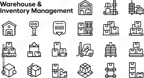 Modern Warehouse & Inventory Management Vector Icon Set featuring forklifts, boxes, barcodes, shelves, scanners, and charts—ideal for logistics and ERP apps.

