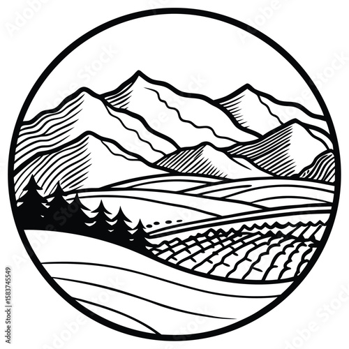 Vector art of stylized mountain landscape with fields and trees