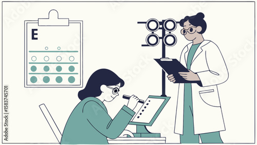 Eye exam vision test by optometrist with eye chart and phoropter for vision correction and eye health care