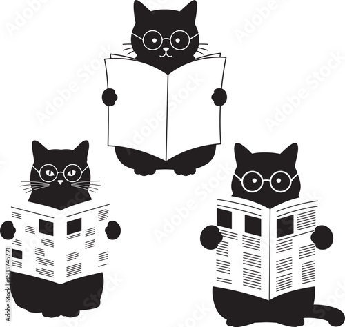 Smart cat reading newspaper glasses silhouette