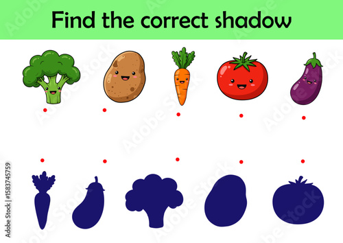 Cartoon vegetables. Find the correct shadow. Educational matching game for children. Cartoon vector illustration	