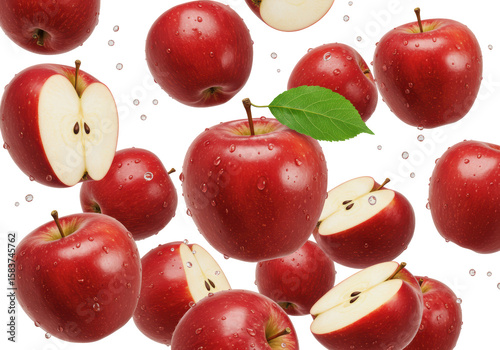 Isolated Fresh Red Apples with Water Droplets and Slices