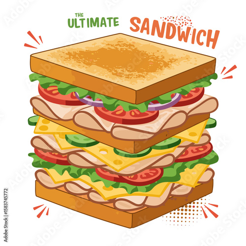 Ultimate sandwich stacked with lettuce, tomatoes, and cheese  