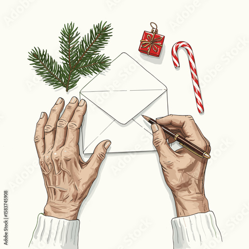 Older hands writing a letter with Christmas decorations nearby  