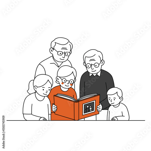 Family gathered reading a photo album together indoors  