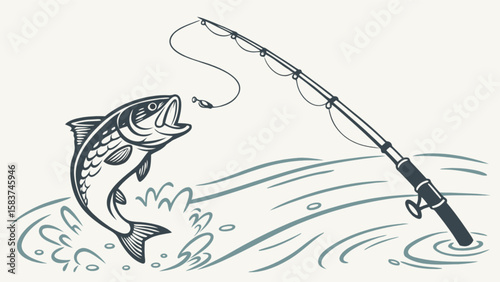 Illustration of bass fish jumping out of water with fishing rod and lure for outdoor fishing sport