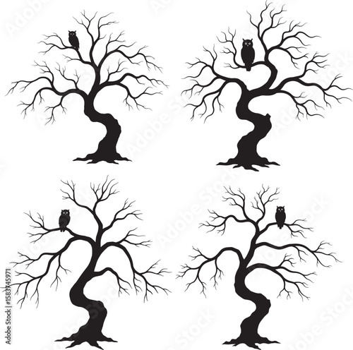 Spooky tree with owl branches silhouette