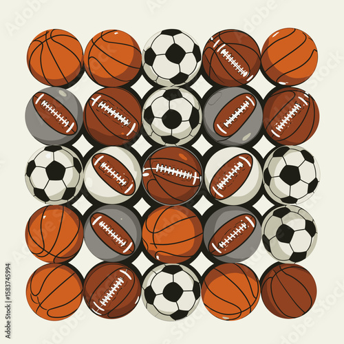 Sports balls including basketball, soccer, and football on background  