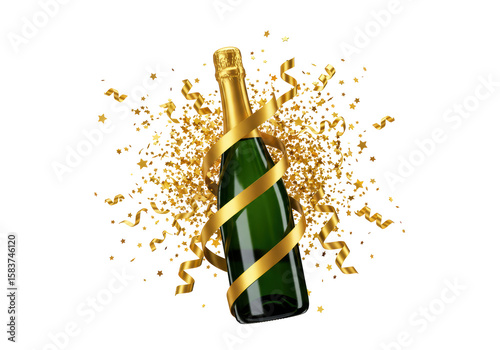 Isolated Champagne Bottle Wrapped in Gold Ribbon with Confetti